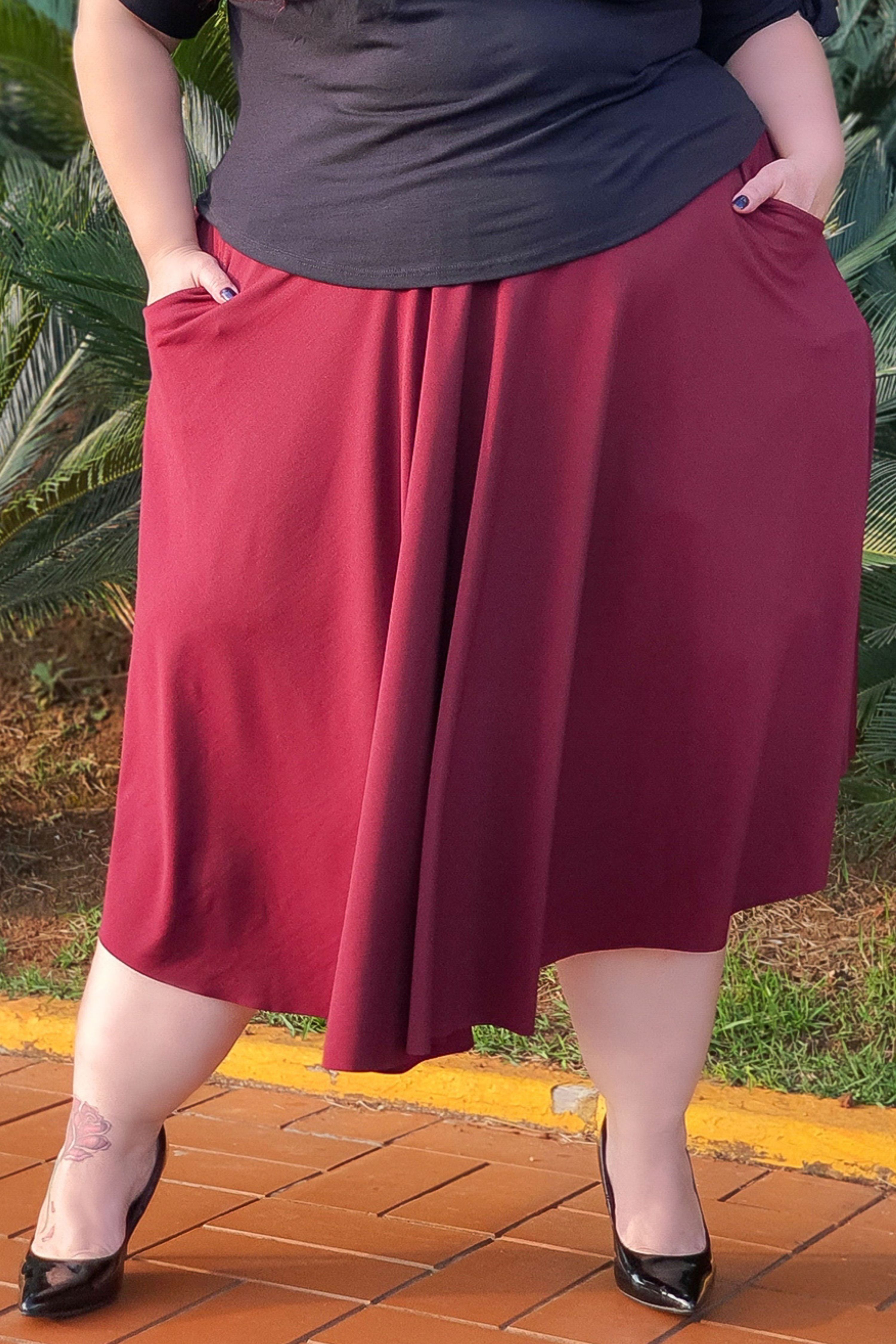 Saia Rodada Com Bolso Lateral Social Plus Size Moda Cristã - bombys